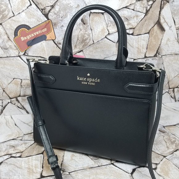 Staci Satchel Medium Size Crossbody Black Crosshatched Leather  Kate Spade - Picture 1 of 14